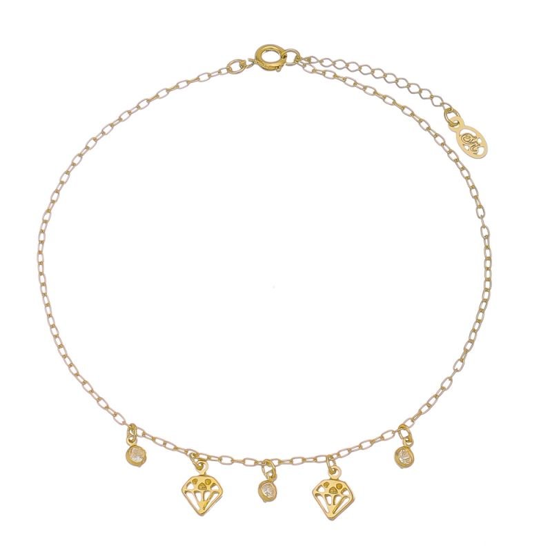 TORNOZELEIRA DIAMANTES E PONTO DE LUZ 23 CM + EXTENSOR EM OURO 18K