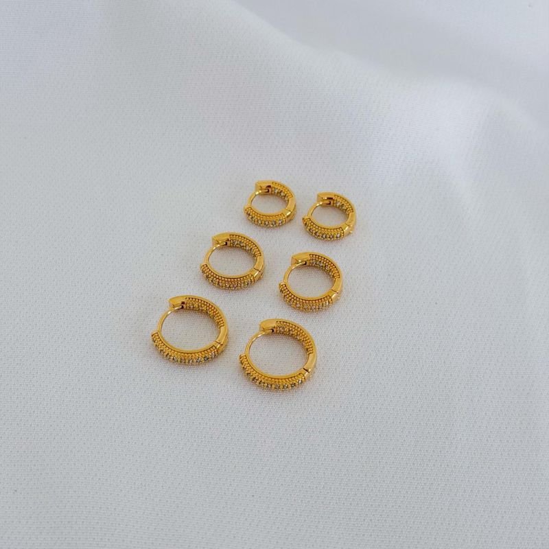 TRIO ARGOLAS CRAVEJADAS DENTRO E FORA 2 FILEIRAS EM OURO 18K