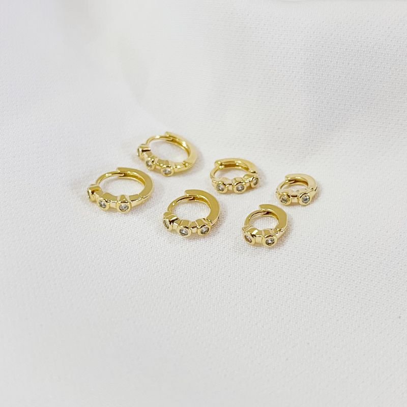 TRIO ARGOLINHAS ARTICULADOS COM ZIRCONIAS CHATÃO REDONDO EM OURO 18K