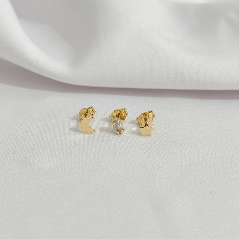 TRIO ESTRELA, LUA E NAVETE EM OURO 18K