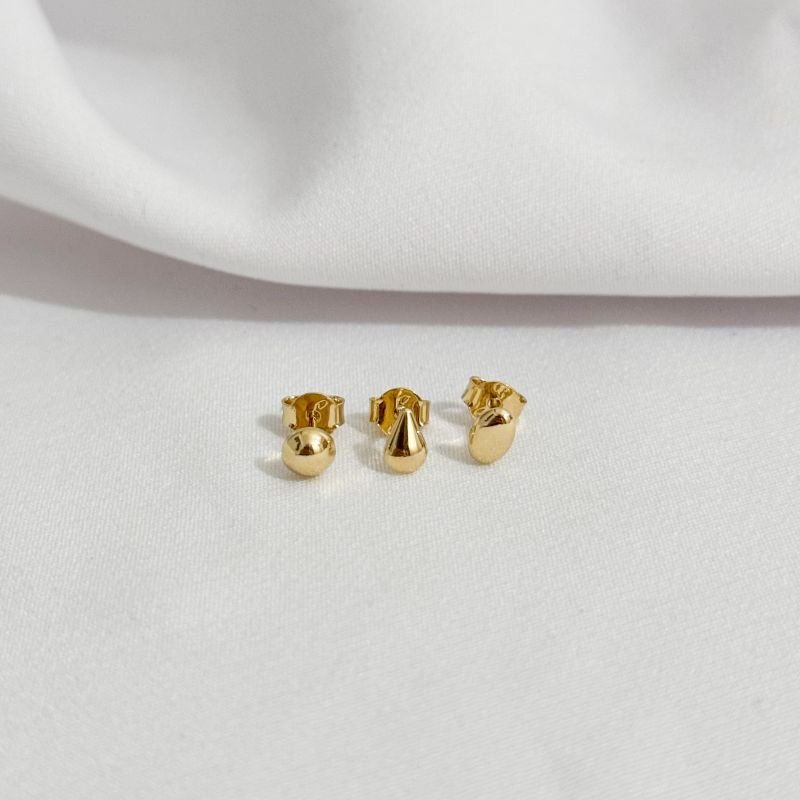 TRIO OVAL, MEIA BOLA E GOTINHA EM OURO 18K