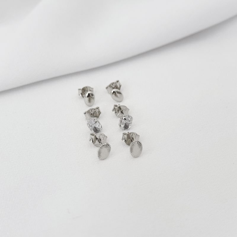 TRIO OVAL LISO, DIAMANTADA E PEDRA EM RÓDIO BRANCO