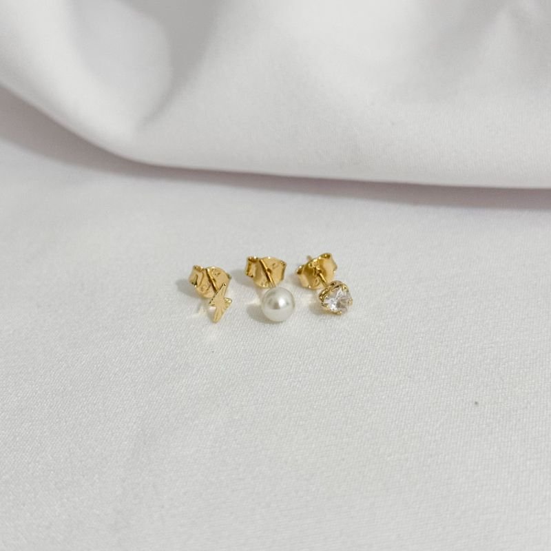 TRIO RAIO COM PEDRA ZIRCONIA E PEROLA EM OURO 18K