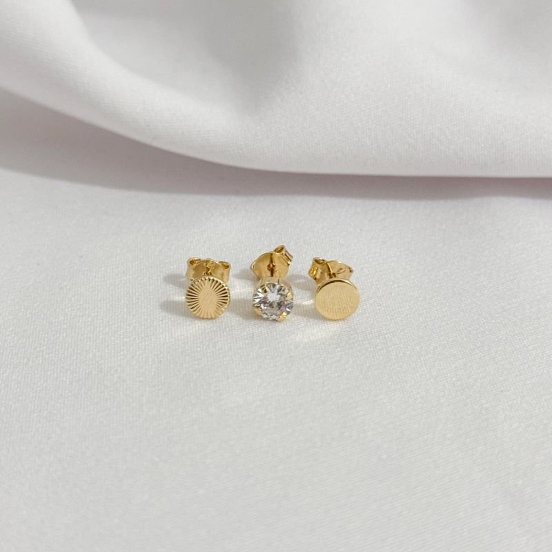 TRIO REDONDO LISO, DIAMANTADO E PONTO DE LUZ EM OURO 18K