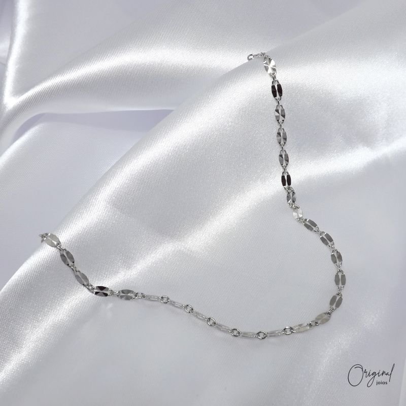 TORNOZELEIRA CORRENTE DIAMANTADA 23 CM + EXTENSOR EM RÓDIO BRANCO
