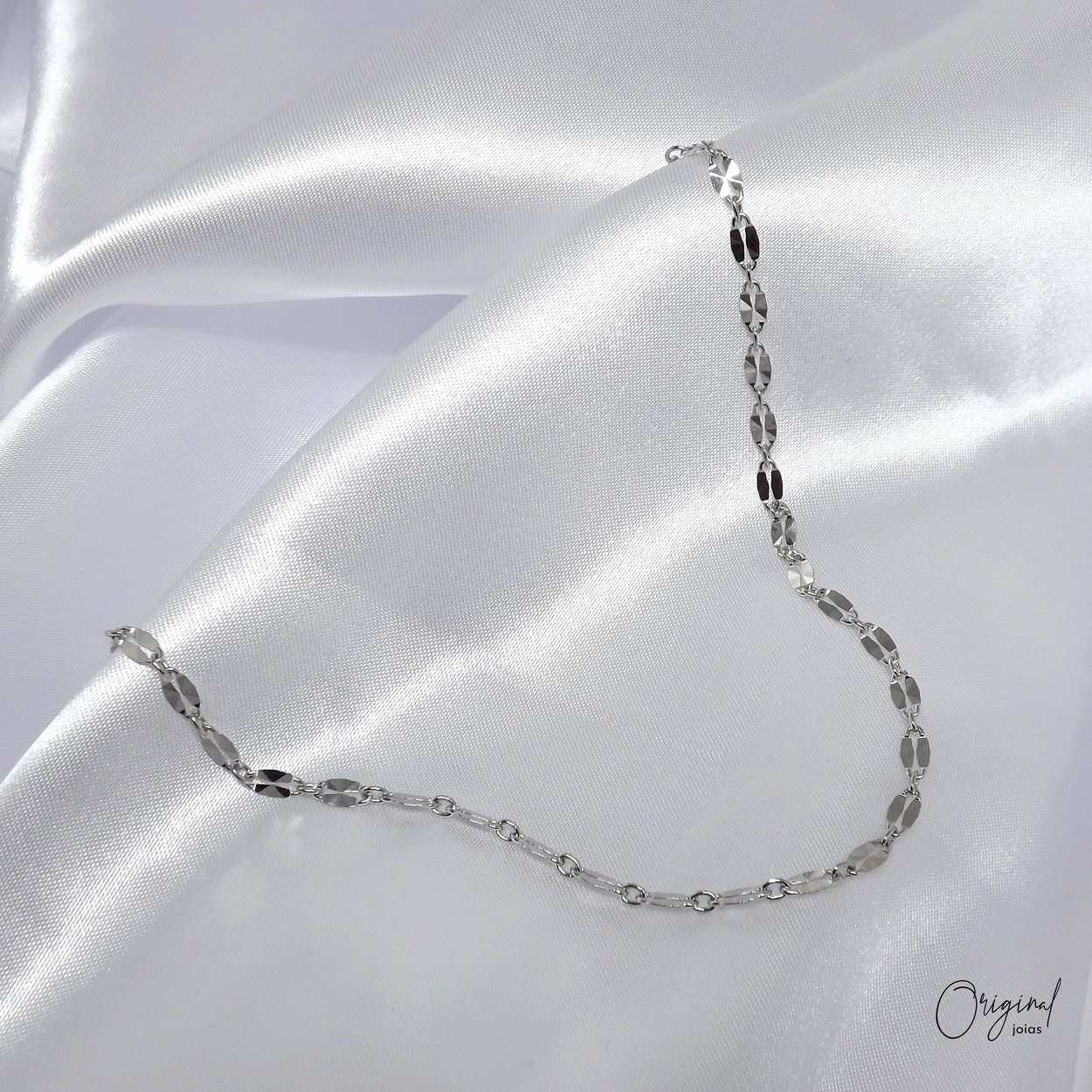 TORNOZELEIRA CORRENTE DIAMANTADA 23 CM + EXTENSOR EM RÓDIO BRANCO